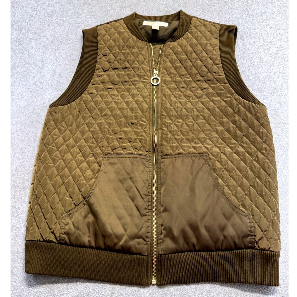 Michael Kors Womens M Olive Quilted Bomber Vest Full Zip Gold MK Pockets Classic